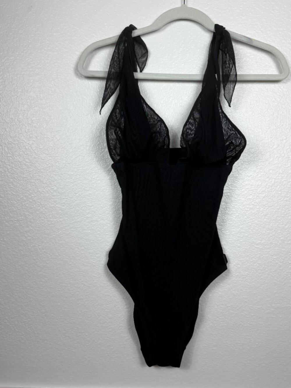 Shan Escape the Cove Women's Swimsuit Size 10 Black Mesh Overlay Ties High Cut